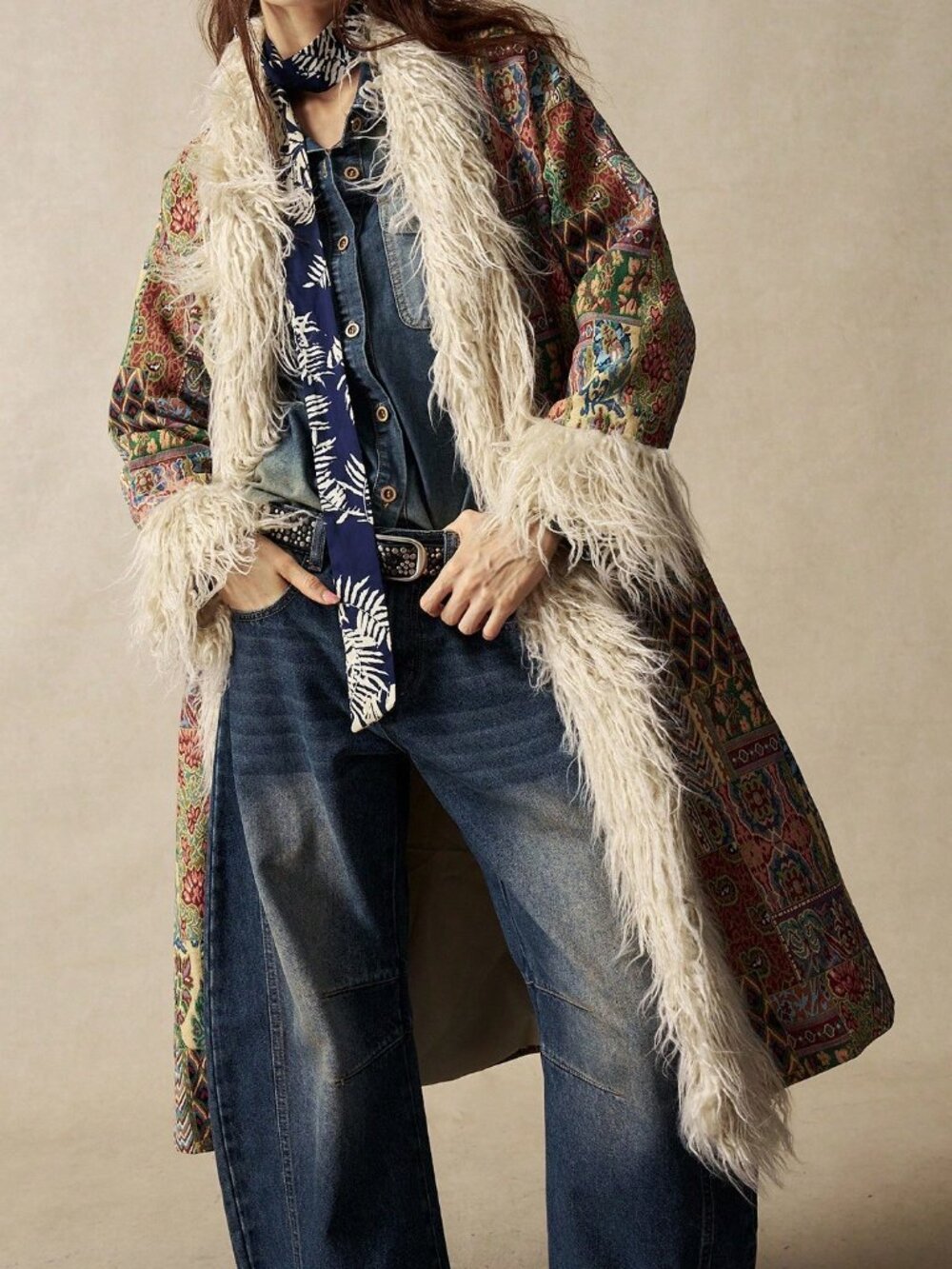 Multicolor Boho Women's Jacquard Faux Fur Trim Coat - Picture 6 of 7